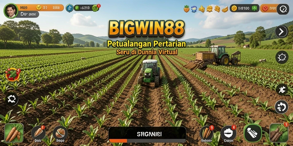Screenshot gameplay BIGWIN88 menampilkan ladang yang subur dan aktivitas bertani.