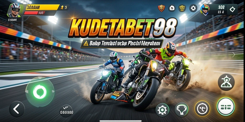 Screenshot utama KUDETABET98 menampilkan aksi balap penuh kecepatan.